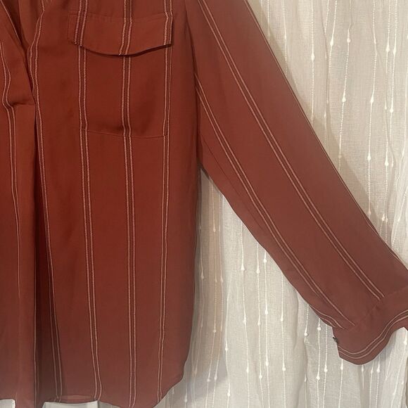 Ann Taylor Popover Tunic Burgundy Brick Red Plaid Lightweight Blouse Size Medium - Picture 5 of 14